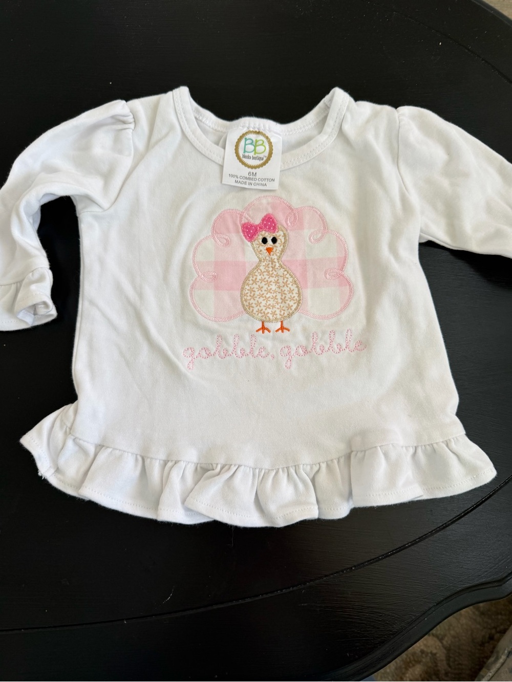White Long-Sleeve Ruffle Tee with Pink Chick Applique